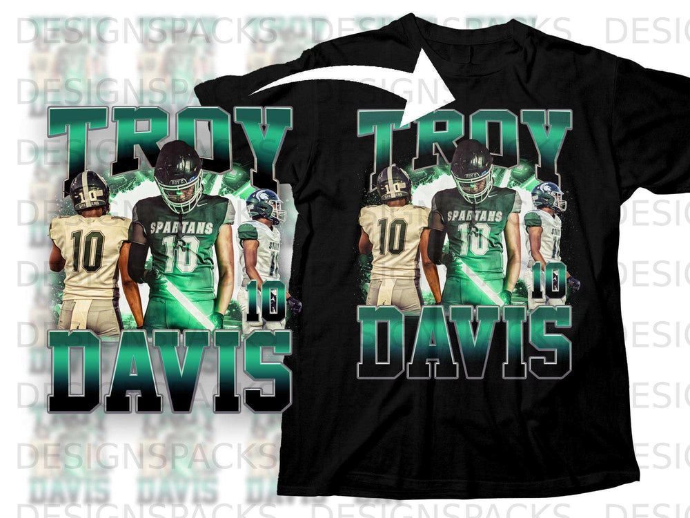 Black t-shirt with "Troy Davis Spartans 10" design and football players.