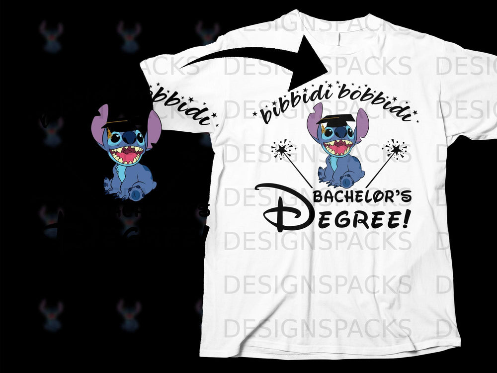 Graduation Stitch wearing a cap with "Bachelor's Degree!" text.