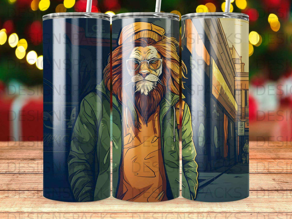 Lion wearing sunglasses and a jacket, standing in front of a brick building.