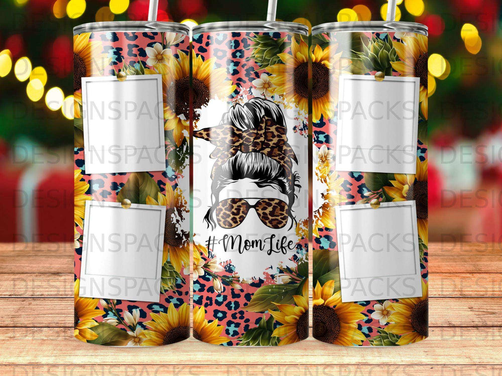 Tumbler with sunflowers, leopard print, and "#Mom Life" text.