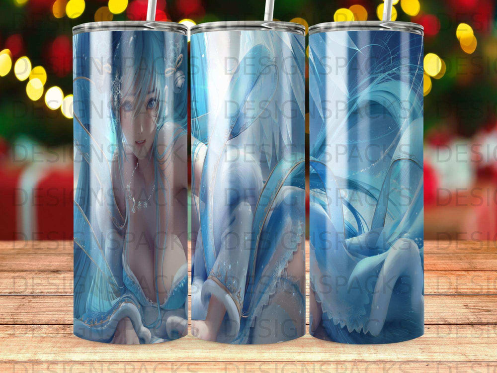 Blue and white anime character tumbler with water and light effects.