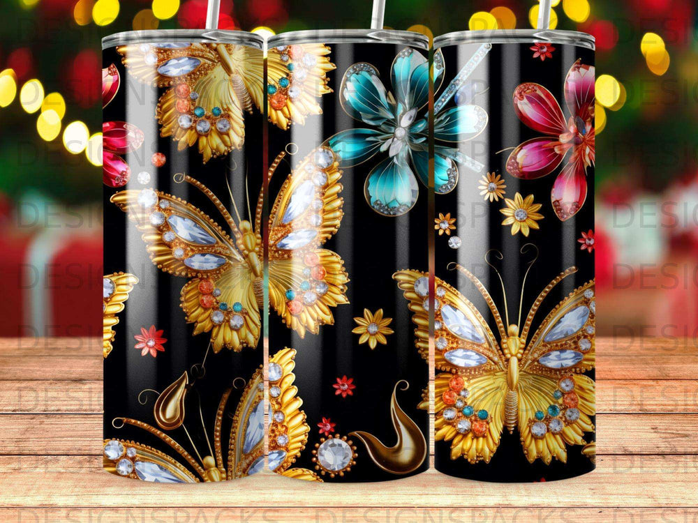 Black tumbler with ornate gold butterflies and jeweled floral accents.