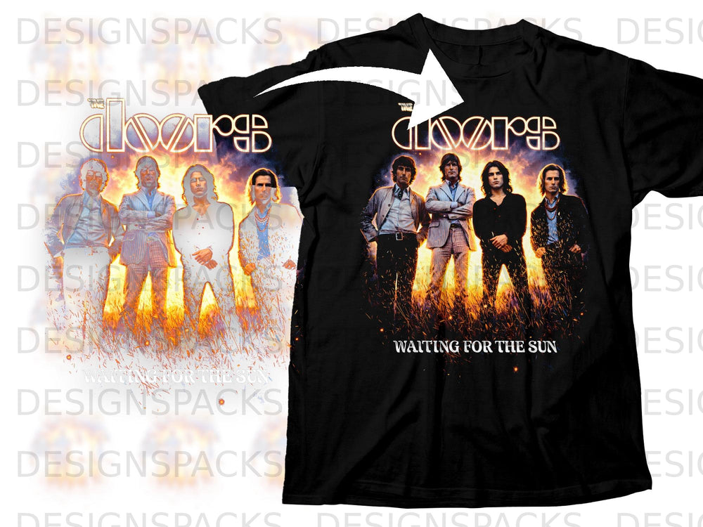 The Doors band members standing in front of a fiery background, "The Doors" logo above.