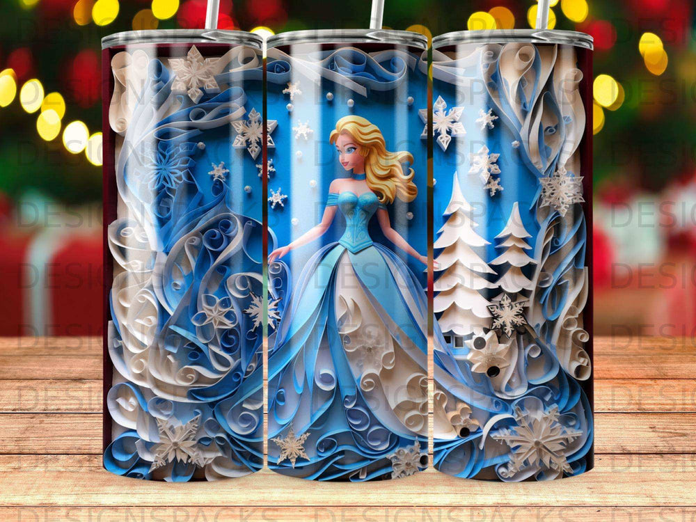 Cinderella in a blue gown with snowflakes and winter trees.
