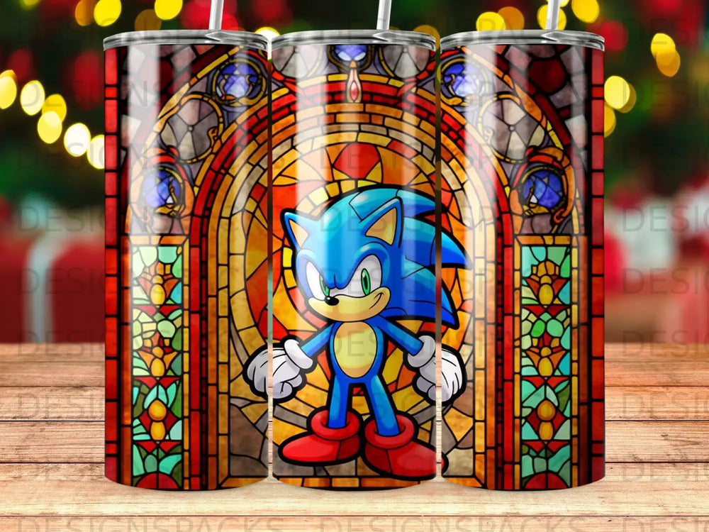 Sonic the Hedgehog in front of a stained glass window.