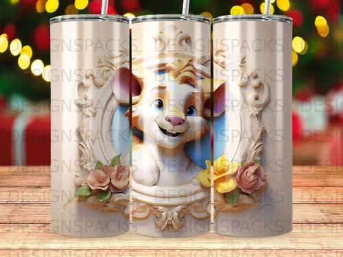 Cartoon lion cub with roses on a decorated tumbler.