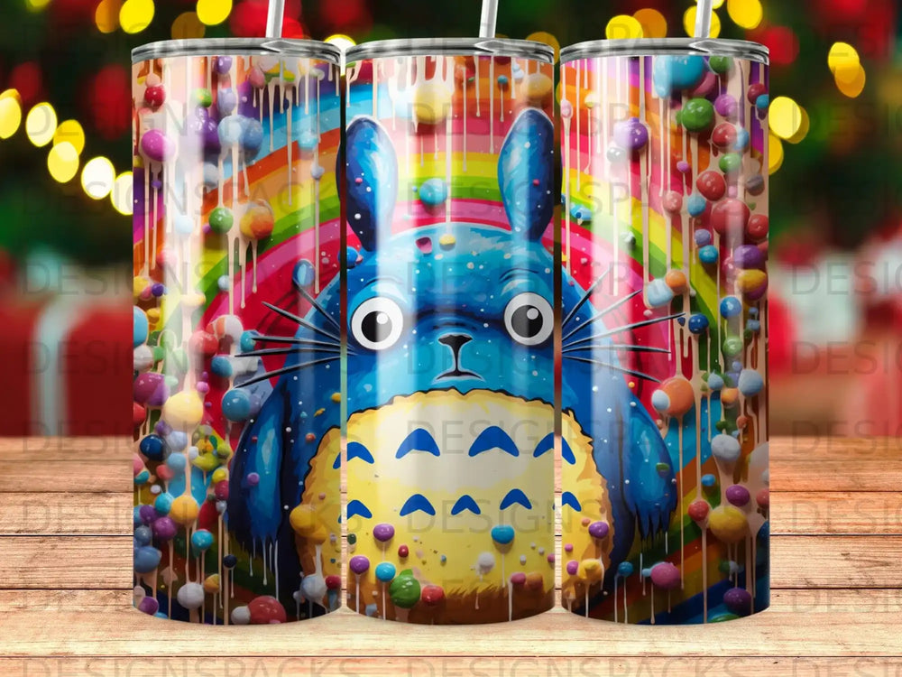 Totoro character with rainbow and colorful balls on a tumbler.