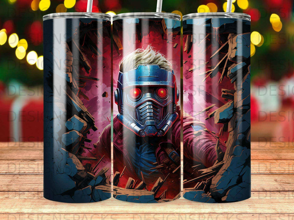 Star-Lord mask with glowing red eyes against a debris background.