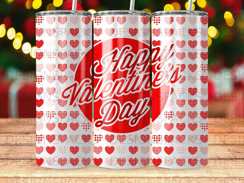Three tumblers with red hearts and "Happy Valentine's Day" text.