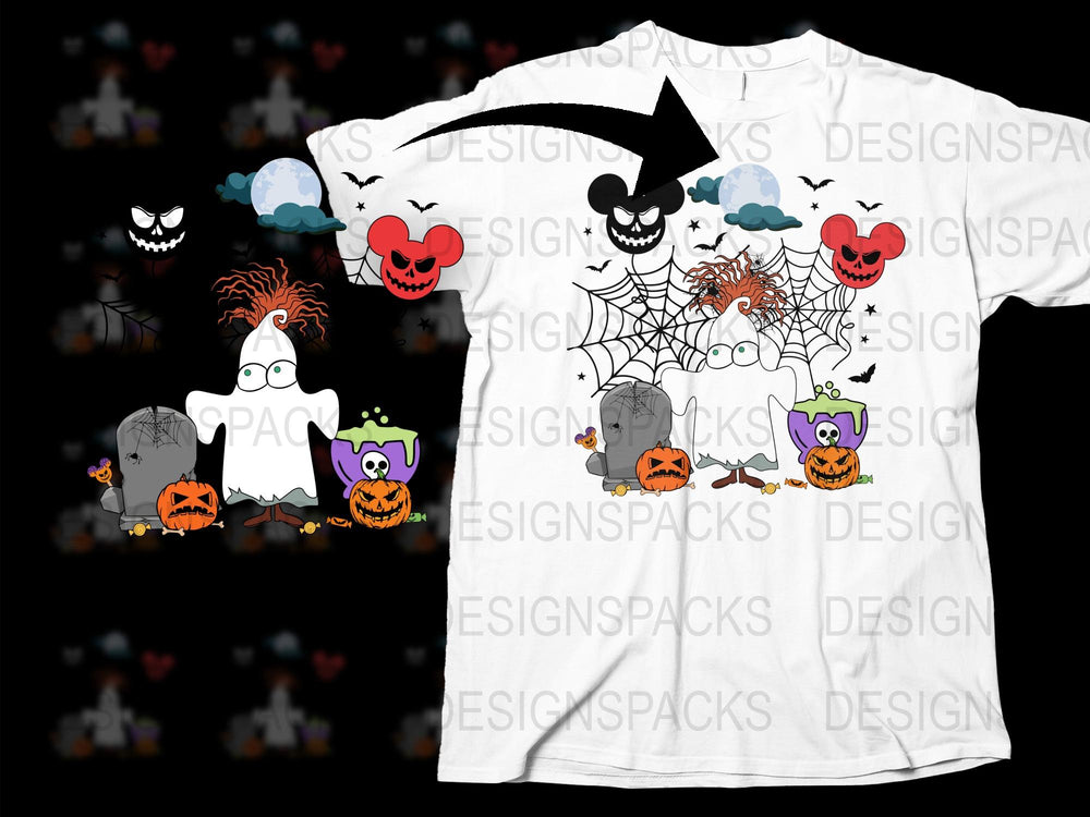 Halloween T-Shirt Spooky Ghosts Pumpkins Scary Skulls Web Graphic Tee Kids Adults Unisex