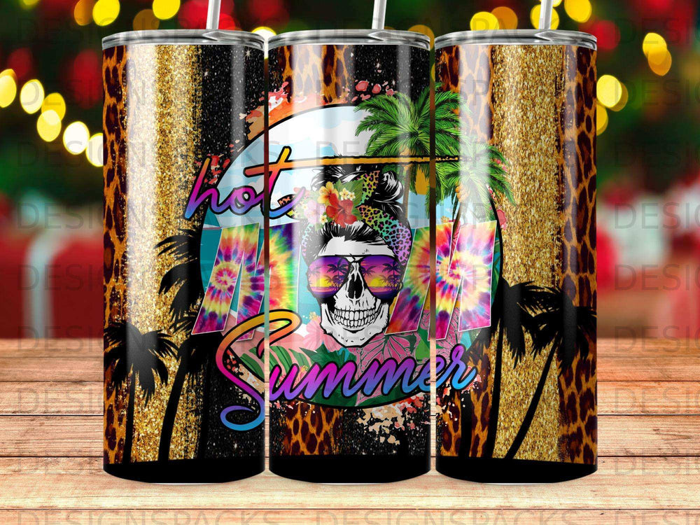 Hot Summer tie-dye skull with sunglasses and palm trees on glitter background.