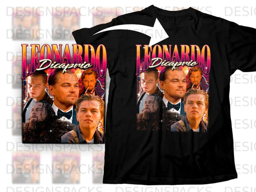 Black t-shirt featuring Leonardo DiCaprio collage with 