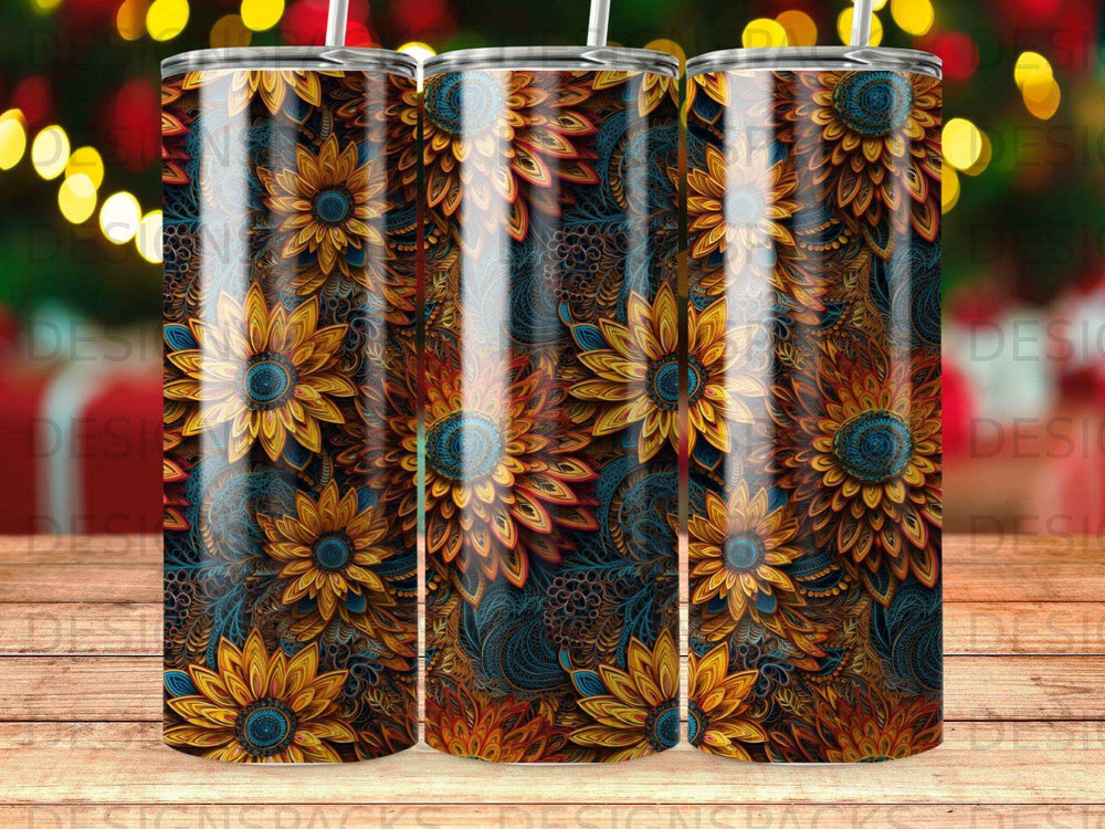 Tumbler with a repeating pattern of gold and blue sunflowers and paisley.