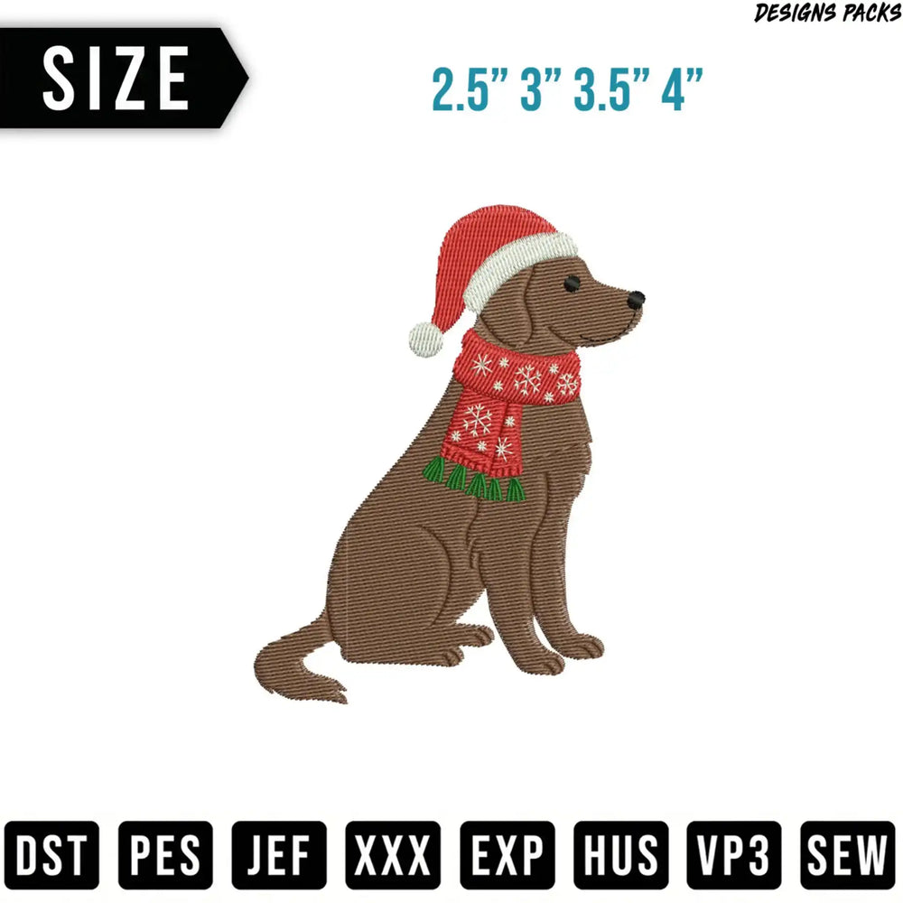 Brown dog wearing Santa hat and snowflake scarf, sizes 2.5-4 inches.