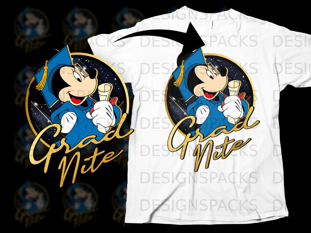 Minnie Mouse in graduation cap and gown holding diploma, with "Grad Nite" text.