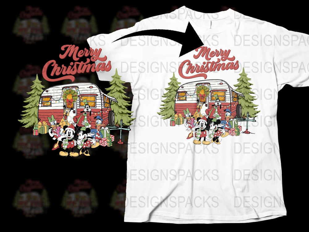 Merry Christmas T-Shirt, Vintage Camper, Festive Holiday Tee, Family Christmas Gathering Outfit, Cartoon Characters, Unisex Gift Idea.