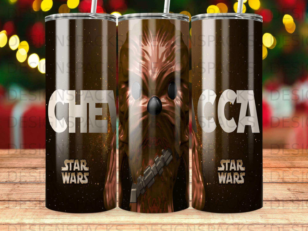 Star Wars Chewbacca character art on tumblers, "CHE CA" text visible.