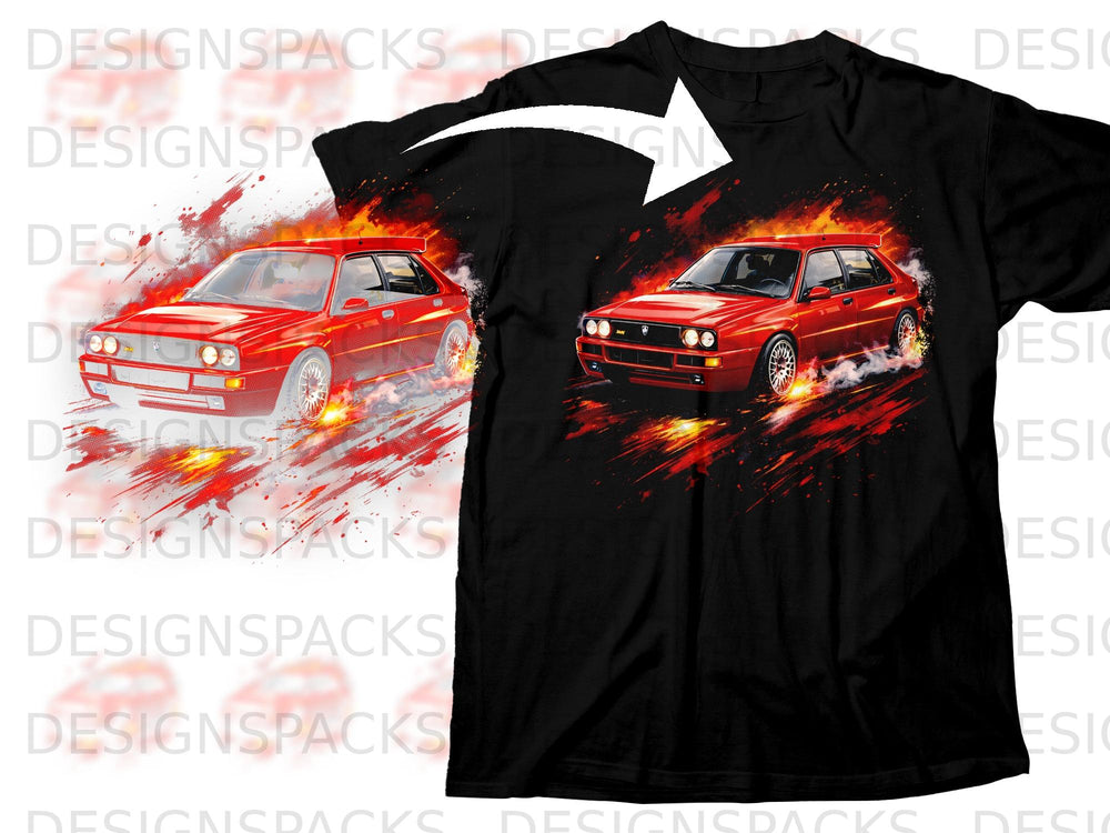 A black t-shirt printed with a graphic of a red rally car surrounded by flames.
