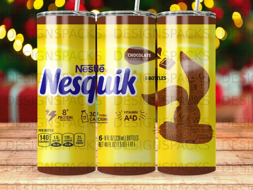 Nesquik Chocolate Lowfat Milk six bottles with nutrition facts and colorful graphics.