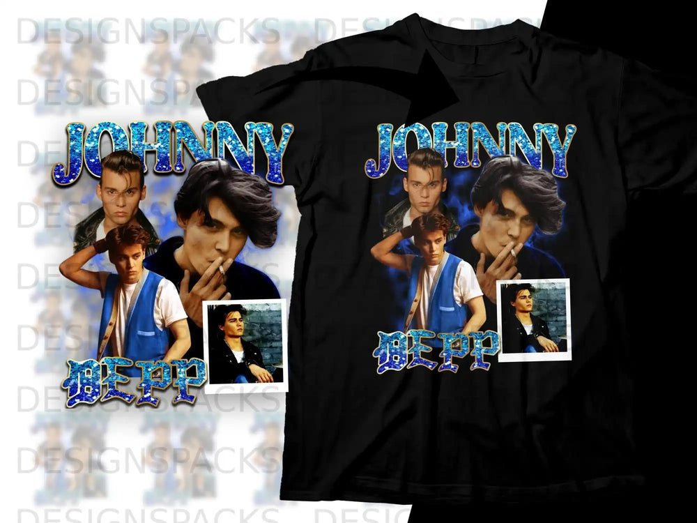 Johnny Depp t-shirt with blue glitter lettering and collage of Depp photos.