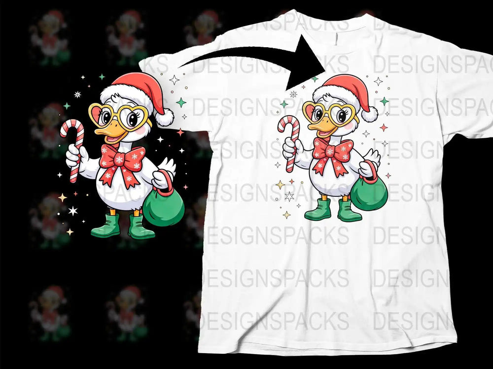 Festive Duck Christmas T-Shirt, Cartoon Duck in Santa Hat, Holiday Apparel, Cute Duckling with Candy Cane, Kids and Adults Sizes Available
