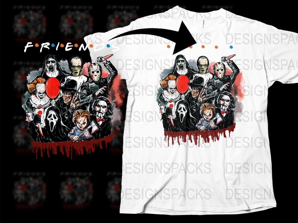 Horror Movie Character Friends T-Shirt, Graphic Tee, Unisex Horror Film Shirt, Unique Full Color Design, Gift for Movie Fans
