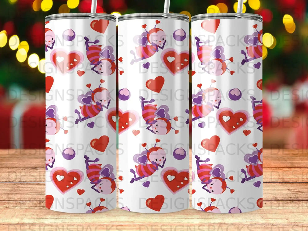 Two animated bees in heart-shaped glasses hold pink hearts on a white tumbler.