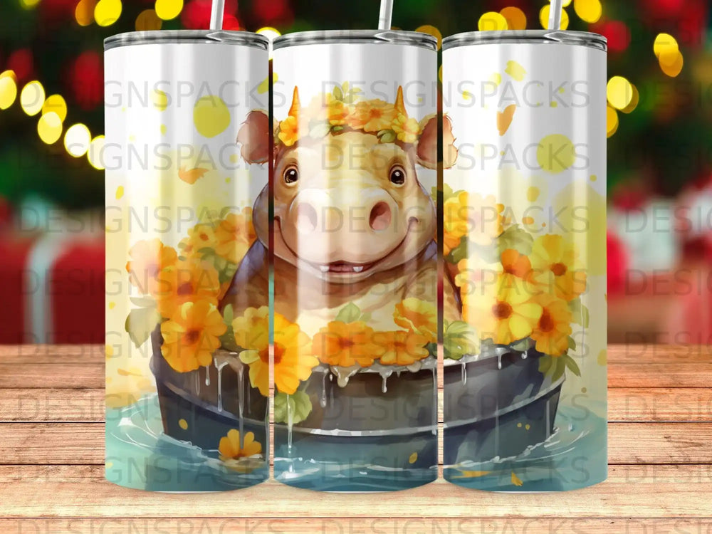 Cartoon hippo in tub of water surrounded by yellow flowers.