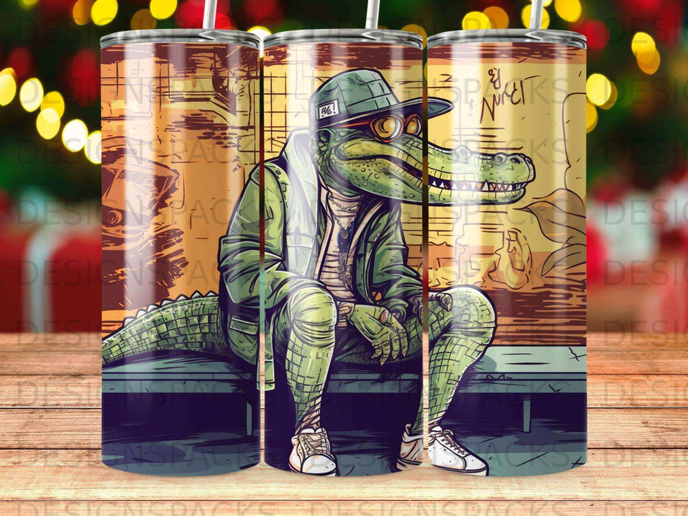 Cartoon alligator wearing sunglasses, hat, and jacket, sitting on a bench.