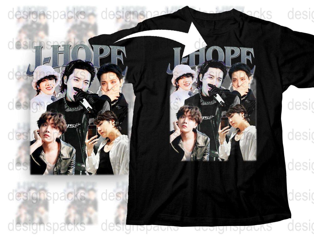 Unisex K-Pop Inspired T-Shirt with Multiple Artist Poses, Hope Graphic, Black Cotton Tee, Music Fan Apparel