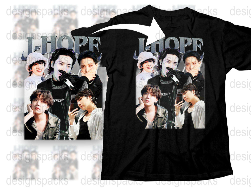 Unisex K-Pop Inspired T-Shirt with Multiple Artist Poses, Hope Graphic, Black Cotton Tee, Music Fan Apparel