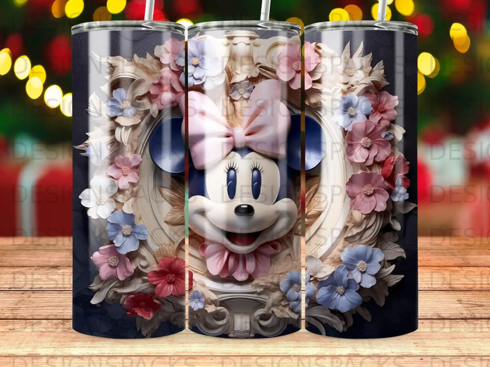 Minnie Mouse with floral wreath and pink bow on a textured background.
