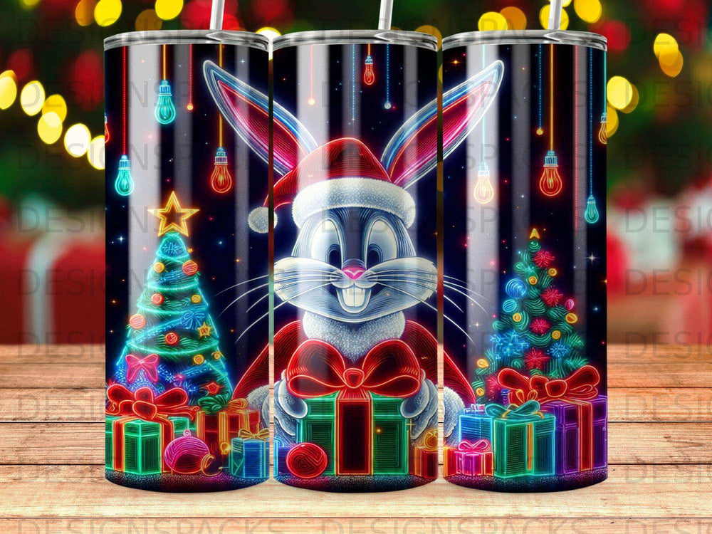Bugs Bunny in Santa hat with gifts and Christmas trees.