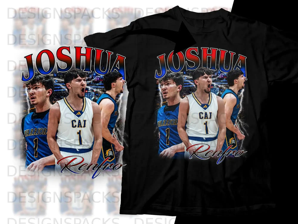 Black t-shirt mockup featuring basketball player Joshua with name and "Renfro" on it.