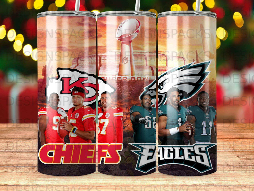 Kansas City Chiefs and Philadelphia Eagles players and logos on Super Bowl tumblers.