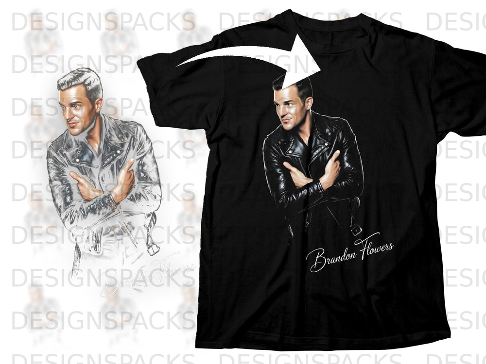 Black t-shirt with a drawing of Brandon Flowers in a leather jacket.