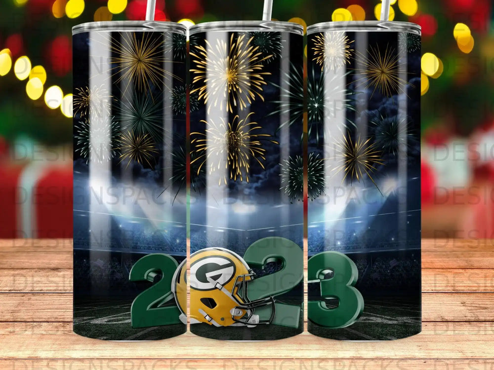 Green Bay Packers 2023 logo with fireworks over a stadium.