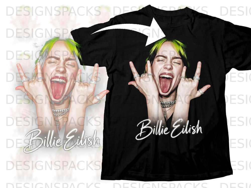 Black t-shirt with illustration of Billie Eilish performing, text reads "Billie Eilish".
