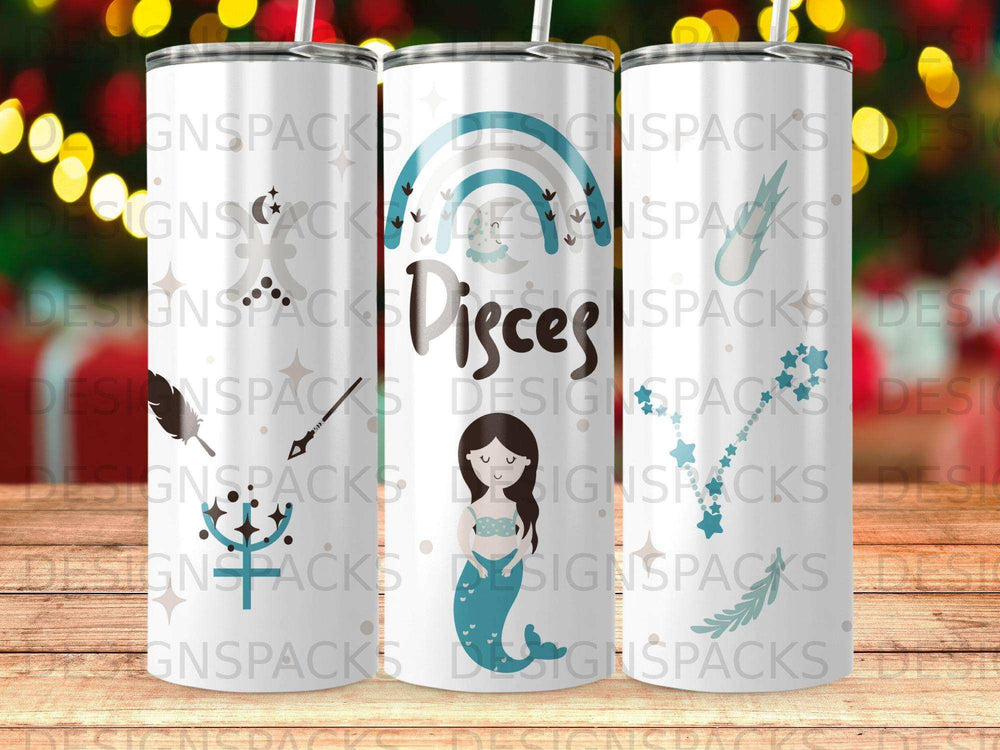 Pisces constellation and mermaid design on a tumbler.