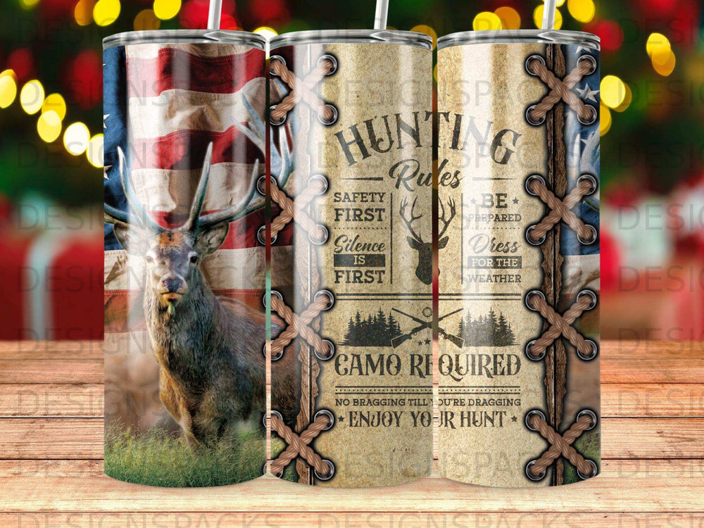 Tumbler with deer, American flag, and hunting rules text.