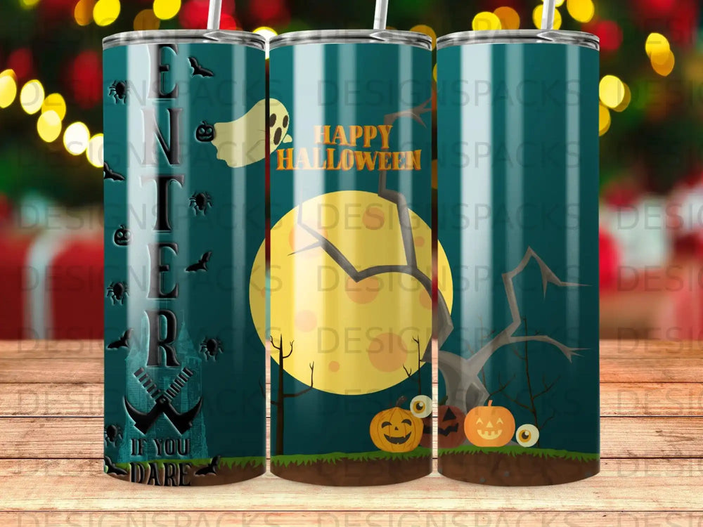 Halloween tumbler with spooky trees, pumpkins, and "If You Dare" text.