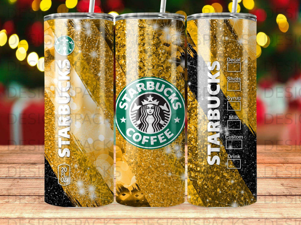 Starbucks tumbler with gold glitter and coffee cup logo.