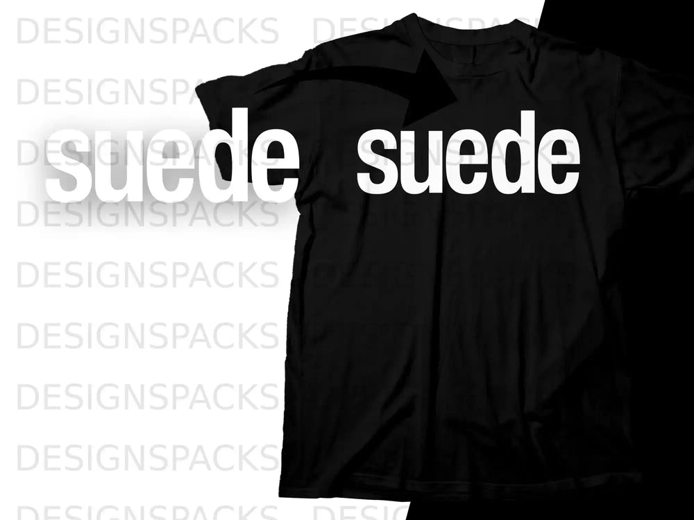 Black t-shirt with white "Suede" text and a black arrow graphic.