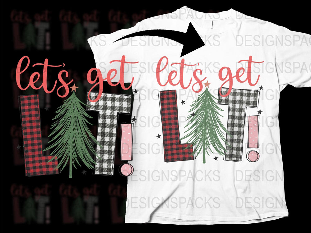 Let's Get Lit Christmas T-Shirt, Plaid Tree Holiday Tee, Festive Party Shirt, Xmas Graphic Top for Men and Women
