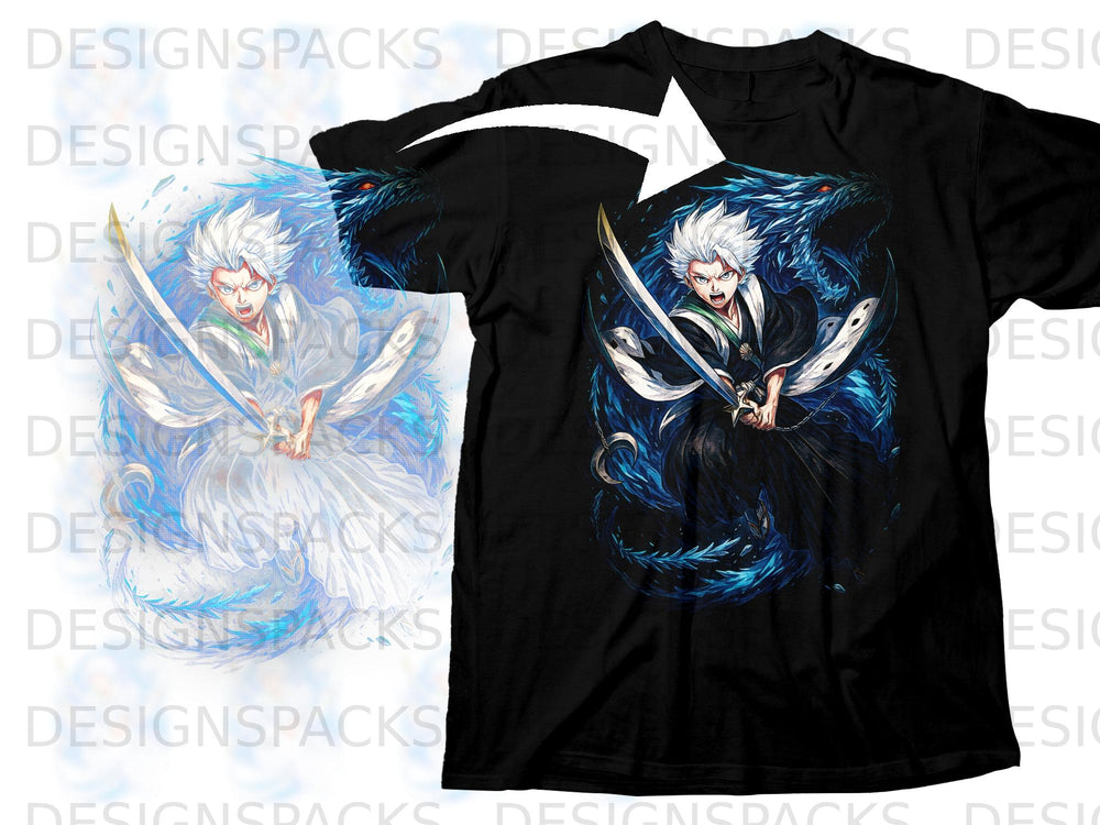 Black t-shirt with anime character wielding a sword and blue dragon design.