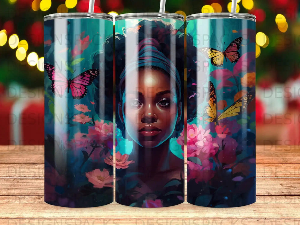 Woman with butterflies and pink flowers on a teal background.