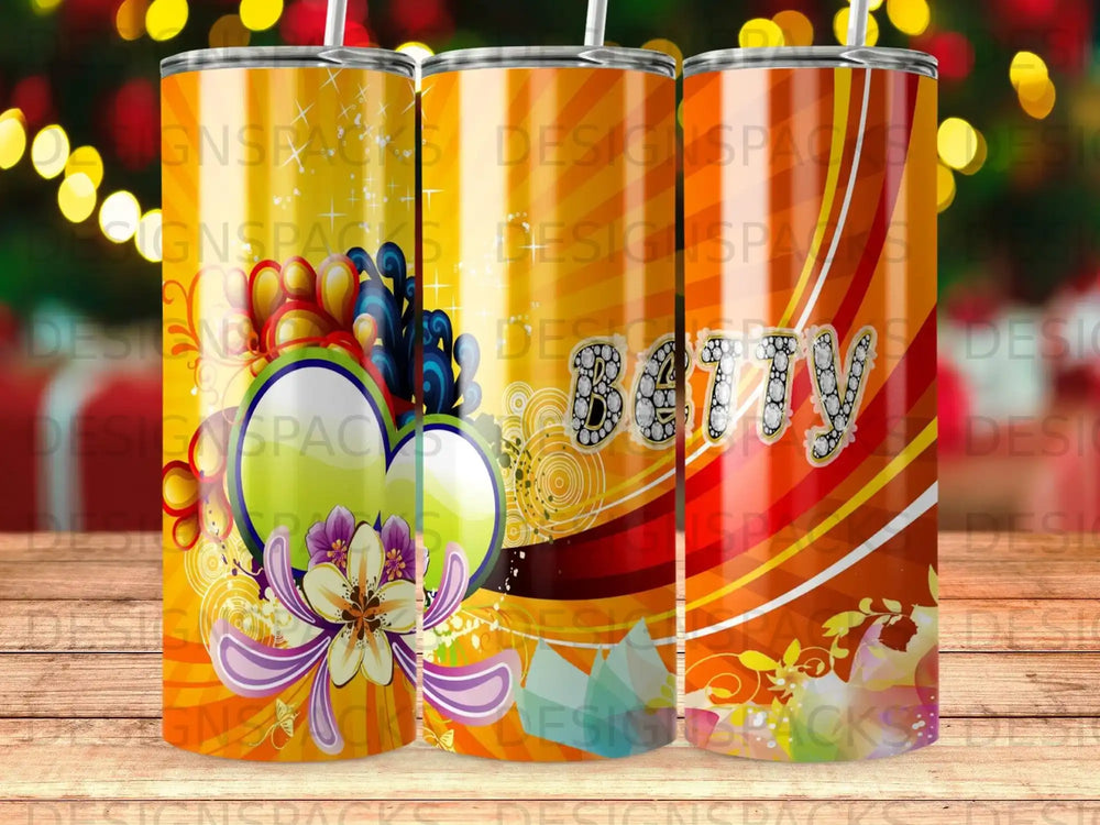 Three tumblers with bright, colorful designs and the word "BATTY".