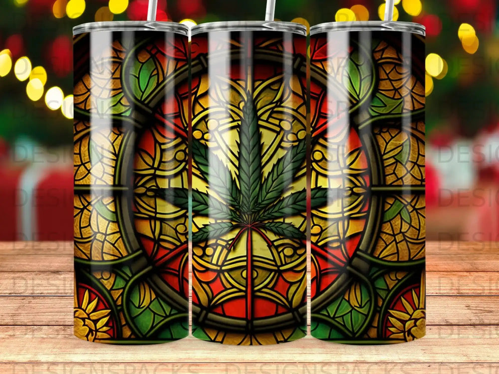 Stained glass design featuring a cannabis leaf against a dark background.