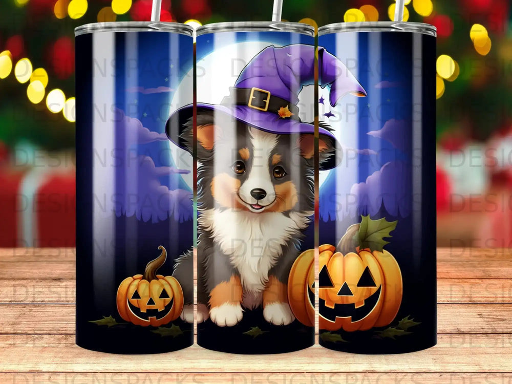 Halloween tumbler with a corgi, pumpkins, and a moon.