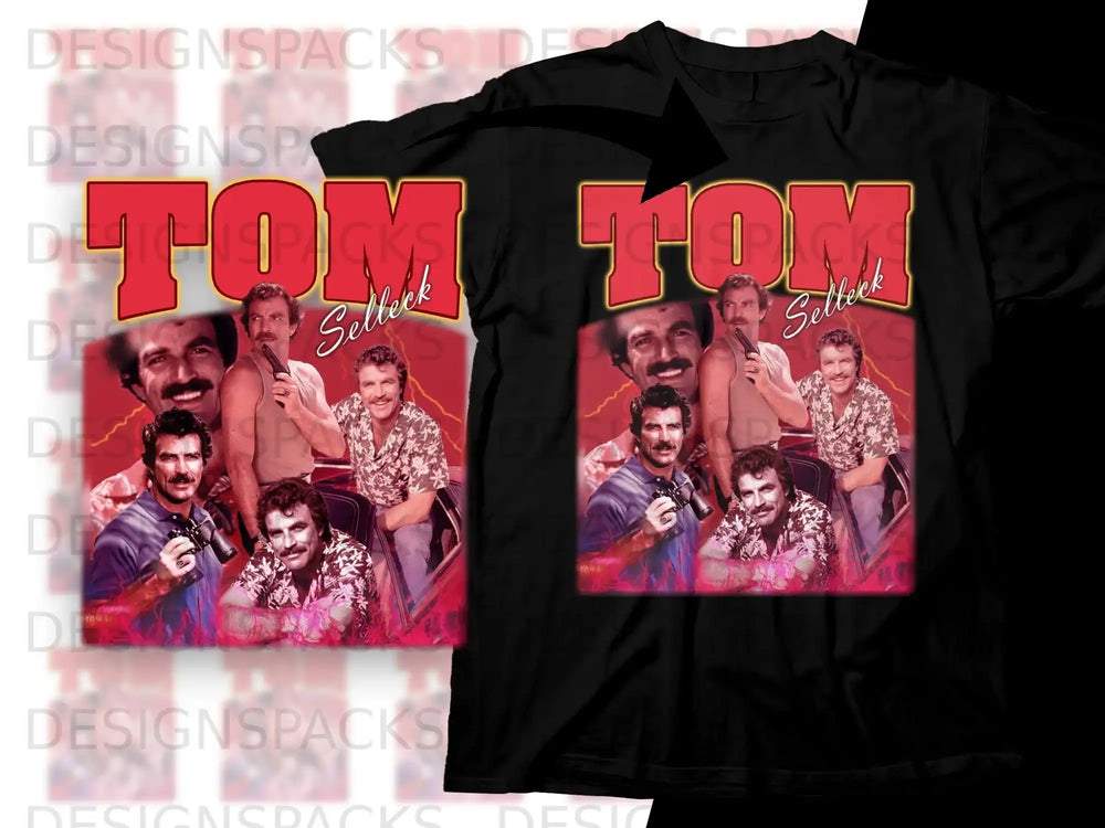 T-shirt graphic with Tom Selleck in a vintage shirt and sunglasses, "Tom Selleck" text.